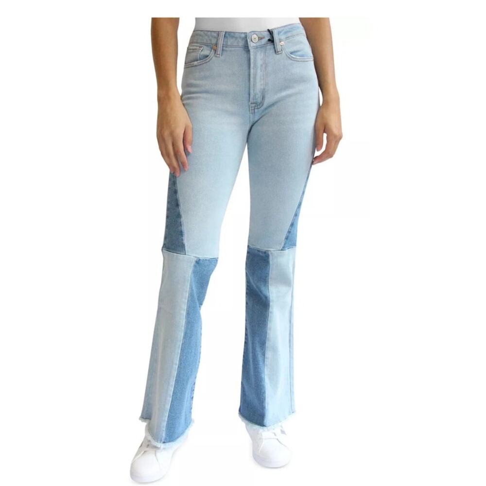Almost‎ Famous Womens Jeans Size 0 High Rise Flare Colorblock Raw Hem Patchwork